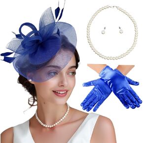 MS.ING Fascinator Hats for Women Tea Party Hats and Gloves Pearl Jewelry Set Kentucky Derby Hat for Cocktail Wedding