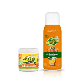 OdoBan Aroma Eliminator Set, 10 Ounce Toilet Spray 360-Degree Continuous Spray Natural Oil Real Citrus Lemon Air Freshener and 14 Ounce Solid Scent Absorber