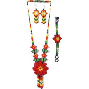 Weavish Long Beaded Necklace – Boho Native Handmade Seed Bead Tassel Necklace, Bohemian Large Statement Beaded Necklace for Women and Girls (craftscorner-va1) (Red & Green)