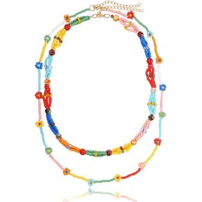 INNERDIVA قلادة مطرزة ملونة بوهو قوس قزح مطرز قلادة متعددة الألوان الطبقات قلادة بوهيميا زهرة ملونة in Kuwait