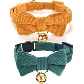 2 Pack Soft Corduroy Cat Collars with Bow Tie & Bell, Adjustable Breakaway Cotton Kitty Bowtie Collar for Girl Boy Kitten (Orange & Green)