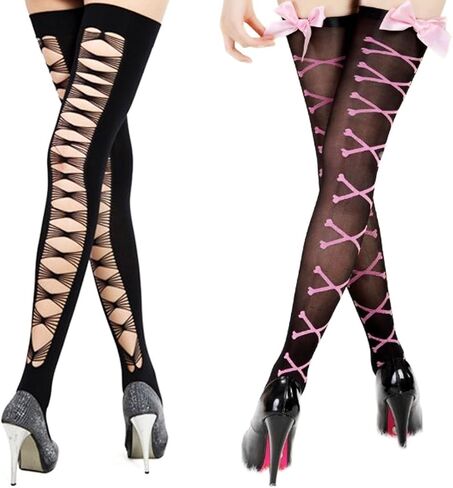kilofly Black Thigh Highs Combo [Set of 2 Pairs] - Cross Net Back & Bowknots in Saudi Arabia