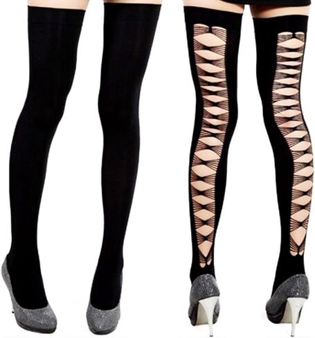 kilofly Black Thigh Highs Combo [Set of 2 Pairs] - Cross Net Back & Bowknots in Saudi Arabia