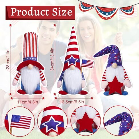 ديكورات التماثيل الوطنية في الرابع من يوليو للمنزل مقاس 13.4 بوصة في الرابع من يوليو جنوم قطيفة تحمل علم الولايات المتحدة الأمريكية يوم الاستقلال التذكاري يوم الجني دمية إسكندنافية هدية طاولة حفلات ديكور صينية متعبة (مجموعة من 3) in Kuwait