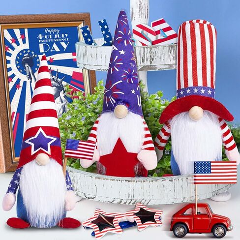 ديكورات التماثيل الوطنية في الرابع من يوليو للمنزل مقاس 13.4 بوصة في الرابع من يوليو جنوم قطيفة تحمل علم الولايات المتحدة الأمريكية يوم الاستقلال التذكاري يوم الجني دمية إسكندنافية هدية طاولة حفلات ديكور صينية متعبة (مجموعة من 3) in Kuwait
