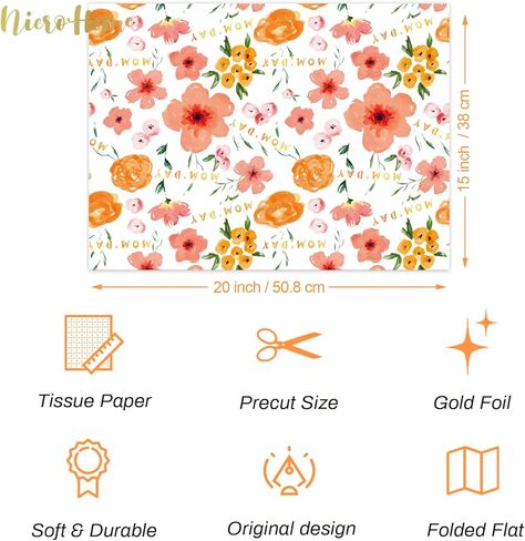 NICROHOME 24 ورقة برتقالية زهرية لعيد الأم ورق تغليف للهدايا، ورق مناديل ورقية مطبوعة برقائق ذهبية ملونة للحقائب والحرف الفنية اليدوية in Kuwait
