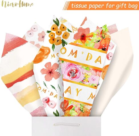 NICROHOME 24 ورقة برتقالية زهرية لعيد الأم ورق تغليف للهدايا، ورق مناديل ورقية مطبوعة برقائق ذهبية ملونة للحقائب والحرف الفنية اليدوية in Kuwait