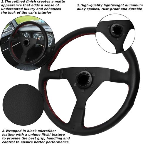 عجلة قيادة MOTAFAR Universal Racing، عجلة قيادة للألعاب مقاس 13.4 بوصة، 6 مسامير بمقبض من الألياف الدقيقة من جلد الليتشي مع زر قرن للسباق/الرالي/رياضة السيارات/قيادة السيارة (8951A-أسود) in Kuwait