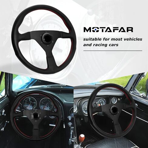 عجلة قيادة MOTAFAR Universal Racing، عجلة قيادة للألعاب مقاس 13.4 بوصة، 6 مسامير بمقبض من الألياف الدقيقة من جلد الليتشي مع زر قرن للسباق/الرالي/رياضة السيارات/قيادة السيارة (8951A-أسود) in Kuwait