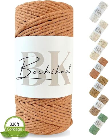 BOCHIKNOT Macrame Cord 4mm x 109yds - Single Strand Macrame Cord for Wall Hangings Plant Hangers - 4mm Macrame Cord - Cotton Rope for Macrame and Knotting - Single Strand Twist (Color, Cappuccino) in Kuwait