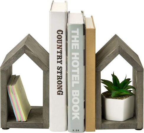 MyGift Vintage Gray Solid Wood Decorative Bookends with House Shaped Design and Sturdy Metal Base, Home Office Desktop Book Stand and Shelf Decor,1-Pair in Saudi Arabia