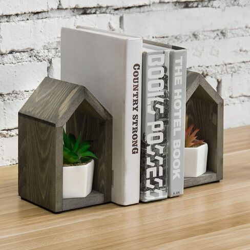 MyGift Vintage Gray Solid Wood Decorative Bookends with House Shaped Design and Sturdy Metal Base, Home Office Desktop Book Stand and Shelf Decor,1-Pair in Saudi Arabia