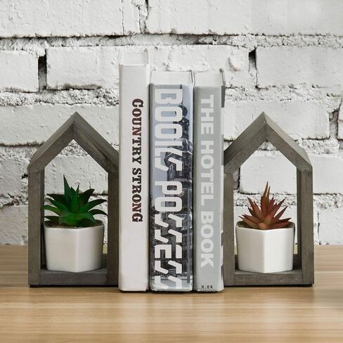 MyGift Vintage Gray Solid Wood Decorative Bookends with House Shaped Design and Sturdy Metal Base, Home Office Desktop Book Stand and Shelf Decor,1-Pair in Saudi Arabia