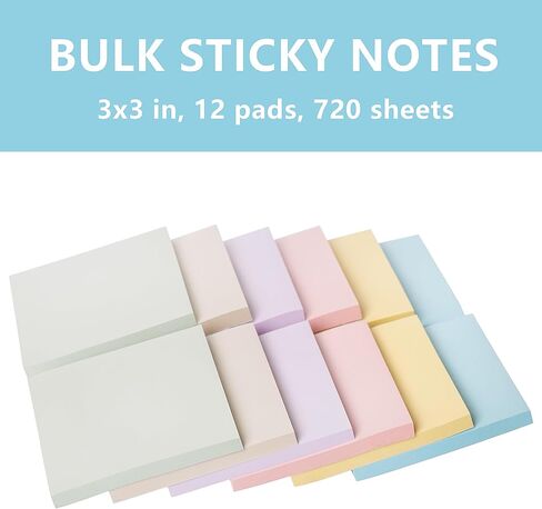 Sticky Notes 3x3in, 12 Sticky Note Pads, 6 Morandi Colors, Colored/Colorful Sticky Notes Bulk, Cute Stick Notes 60 Sheets/Pad, 720 Sheets in Total, Ideal Office School Stationary Supplies in Saudi Arabia