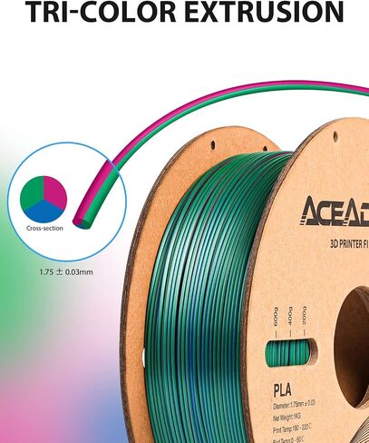 Aceaddity Silk Magic PLA 3D Printer Filament, Multi-Colour Tri-Extrusion 1.75mm 3D Printing PLA Filament, Shiny Silk Coextruded PLA, Dimensional Accuracy +/- 0.03 mm, 1kg/2.2lbs (Blue-Red-Green) in Saudi Arabia