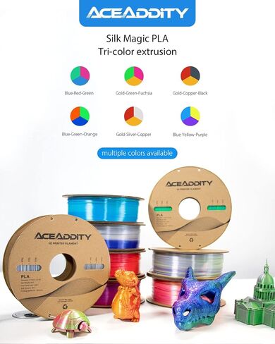 Aceaddity Silk Magic PLA 3D Printer Filament, Multi-Colour Tri-Extrusion 1.75mm 3D Printing PLA Filament, Shiny Silk Coextruded PLA, Dimensional Accuracy +/- 0.03 mm, 1kg/2.2lbs (Blue-Red-Green) in Saudi Arabia