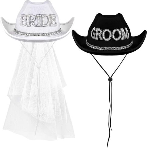 Geyoga 2 Pcs White Bride Cowboy Hat with Veil Black Groom Cowboy Hats Bachelorette Party Supplies for Women Men Wedding Bridal Shower Decorations Gifts in Kuwait