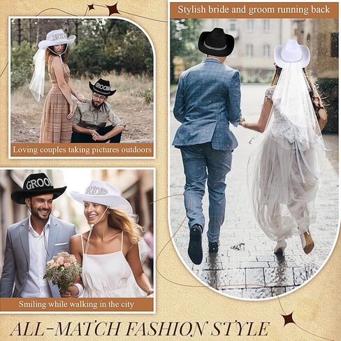 Geyoga 2 Pcs White Bride Cowboy Hat with Veil Black Groom Cowboy Hats Bachelorette Party Supplies for Women Men Wedding Bridal Shower Decorations Gifts in Kuwait