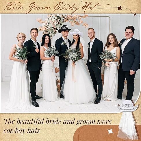 Geyoga 2 Pcs White Bride Cowboy Hat with Veil Black Groom Cowboy Hats Bachelorette Party Supplies for Women Men Wedding Bridal Shower Decorations Gifts in Kuwait