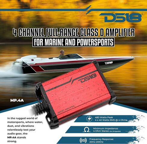 DS18 MP.4A Marine and Powersports Amplifier 4-Channel Full-Range Class D IP67 4 x 40 Watts Rms @ 4-Ohm - Compact Waterproof Amplifier 480W Max Power - Great for Marine/Motorsports and all applications in Saudi Arabia