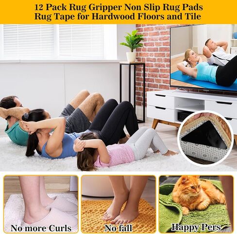 Rug Carpet Grippers for Hardwood Tile Floors, Mabor 12Pcs Non Slip Reusable Corner Rug Grippers for Area Rugs Dual Sided Adhesive Rug Anti Slip Grippers Keep Rugs in Place in Saudi Arabia