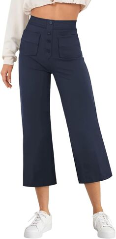 EVALESS Wide Leg Capri Pants for Women Dressy Casual High Waisted Stretch Cropped Work Pants Trendy Summer Pants with Pockets in Saudi Arabia