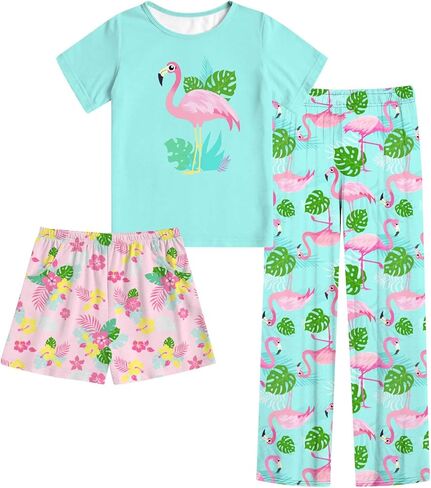 Funnycokid Girls Pajamas Set 3 Piece Sleepwear Short Sleeve Shirt Top Pants Shorts 7-14 Years in Kuwait