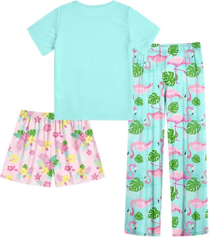 Funnycokid Girls Pajamas Set 3 Piece Sleepwear Short Sleeve Shirt Top Pants Shorts 7-14 Years in Kuwait