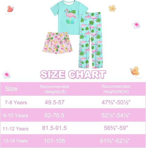 Funnycokid Girls Pajamas Set 3 Piece Sleepwear Short Sleeve Shirt Top Pants Shorts 7-14 Years in Kuwait