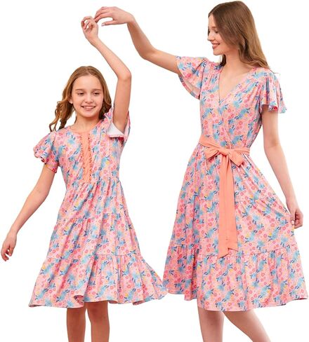 فساتين V.&GRIN Mommy and Me الصيفية، ملابس ميدي لطيفة للعائلة مزينة بالزهور للنساء والفتيات في سن المراهقة in Kuwait