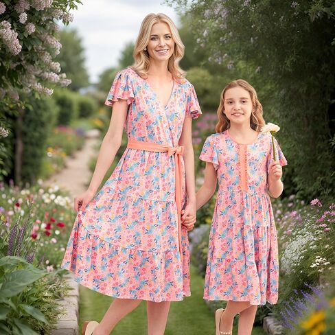 فساتين V.&GRIN Mommy and Me الصيفية، ملابس ميدي لطيفة للعائلة مزينة بالزهور للنساء والفتيات في سن المراهقة in Kuwait