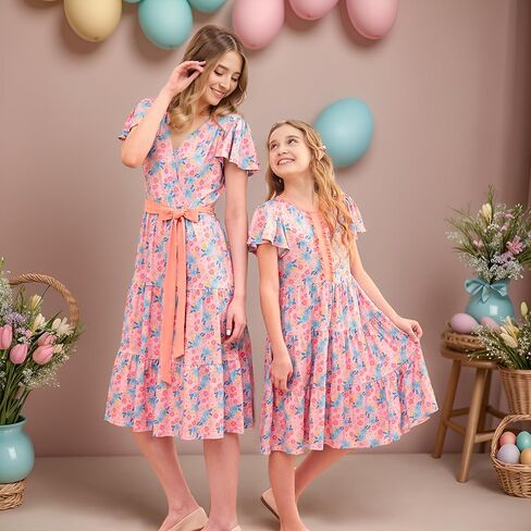 فساتين V.&GRIN Mommy and Me الصيفية، ملابس ميدي لطيفة للعائلة مزينة بالزهور للنساء والفتيات في سن المراهقة in Kuwait