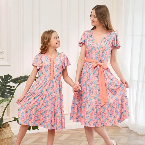 فساتين V.&GRIN Mommy and Me الصيفية، ملابس ميدي لطيفة للعائلة مزينة بالزهور للنساء والفتيات في سن المراهقة in Kuwait