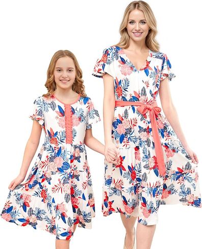 V.&GRIN Mommy and Me Summer Dresses, Mother Daughter Midi Cute Floral Family Matching Outfits for Women & Tween Girls in Saudi Arabia
