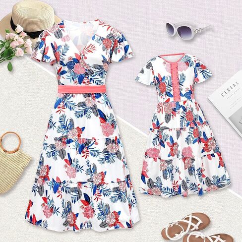 V.&GRIN Mommy and Me Summer Dresses, Mother Daughter Midi Cute Floral Family Matching Outfits for Women & Tween Girls in Saudi Arabia