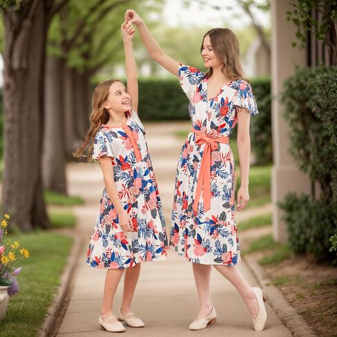 V.&GRIN Mommy and Me Summer Dresses, Mother Daughter Midi Cute Floral Family Matching Outfits for Women & Tween Girls in Saudi Arabia