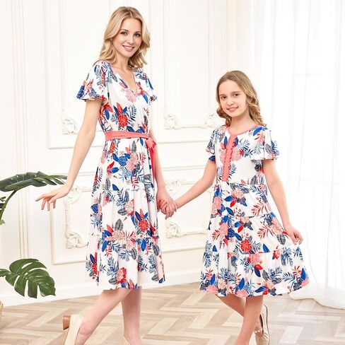 V.&GRIN Mommy and Me Summer Dresses, Mother Daughter Midi Cute Floral Family Matching Outfits for Women & Tween Girls in Saudi Arabia