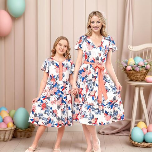 V.&GRIN Mommy and Me Summer Dresses, Mother Daughter Midi Cute Floral Family Matching Outfits for Women & Tween Girls in Saudi Arabia