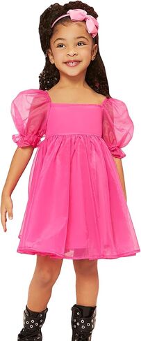 WDIRARA Toddler Girl's Mesh Tulle Dress Square Neck Puff Short Sleeve Ruffle Hem Birthday Party Cute A Line Midi Dress in Saudi Arabia