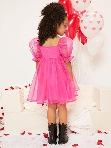 WDIRARA Toddler Girl's Mesh Tulle Dress Square Neck Puff Short Sleeve Ruffle Hem Birthday Party Cute A Line Midi Dress in Saudi Arabia