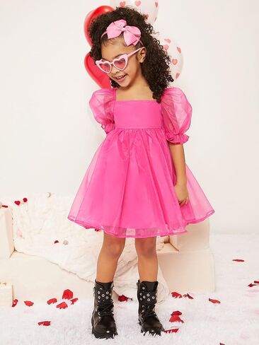 WDIRARA Toddler Girl's Mesh Tulle Dress Square Neck Puff Short Sleeve Ruffle Hem Birthday Party Cute A Line Midi Dress in Saudi Arabia