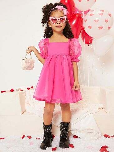 WDIRARA Toddler Girl's Mesh Tulle Dress Square Neck Puff Short Sleeve Ruffle Hem Birthday Party Cute A Line Midi Dress in Saudi Arabia