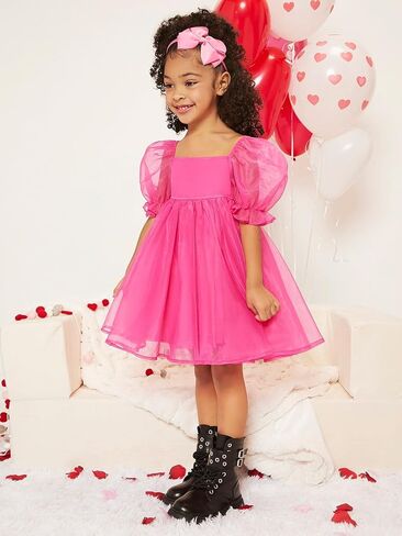 WDIRARA Toddler Girl's Mesh Tulle Dress Square Neck Puff Short Sleeve Ruffle Hem Birthday Party Cute A Line Midi Dress in Saudi Arabia