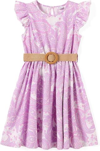 PATPAT Little Big Girls Dress Vintage Boho Floral Ruffle Short Sleeve Casual Swing Dress with Braided Belt in Kuwait