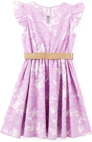 PATPAT Little Big Girls Dress Vintage Boho Floral Ruffle Short Sleeve Casual Swing Dress with Braided Belt in Kuwait