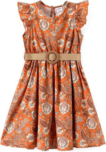 PATPAT Little Big Girls Dress Vintage Boho Floral Ruffle Short Sleeve Casual Swing Dress with Braided Belt in Kuwait