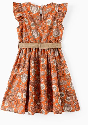 PATPAT Little Big Girls Dress Vintage Boho Floral Ruffle Short Sleeve Casual Swing Dress with Braided Belt in Kuwait