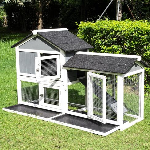 Lifeand 56.7''L Deluxe Multi-Level Rabbit Hutch, Ideal for Rabbits, Chicks, Guinea Pigs, and Hedgehogs, Gray+White in Kuwait