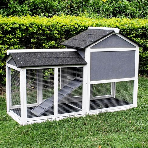Lifeand 56.7''L Deluxe Multi-Level Rabbit Hutch, Ideal for Rabbits, Chicks, Guinea Pigs, and Hedgehogs, Gray+White in Kuwait