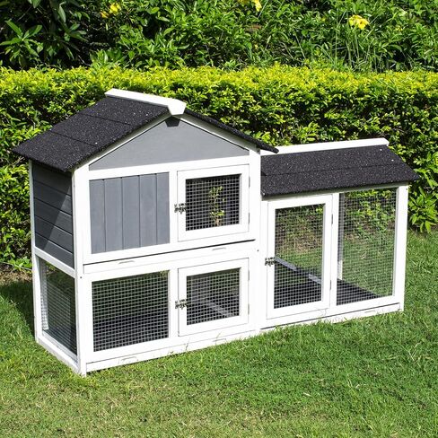 Lifeand 56.7''L Deluxe Multi-Level Rabbit Hutch, Ideal for Rabbits, Chicks, Guinea Pigs, and Hedgehogs, Gray+White in Kuwait